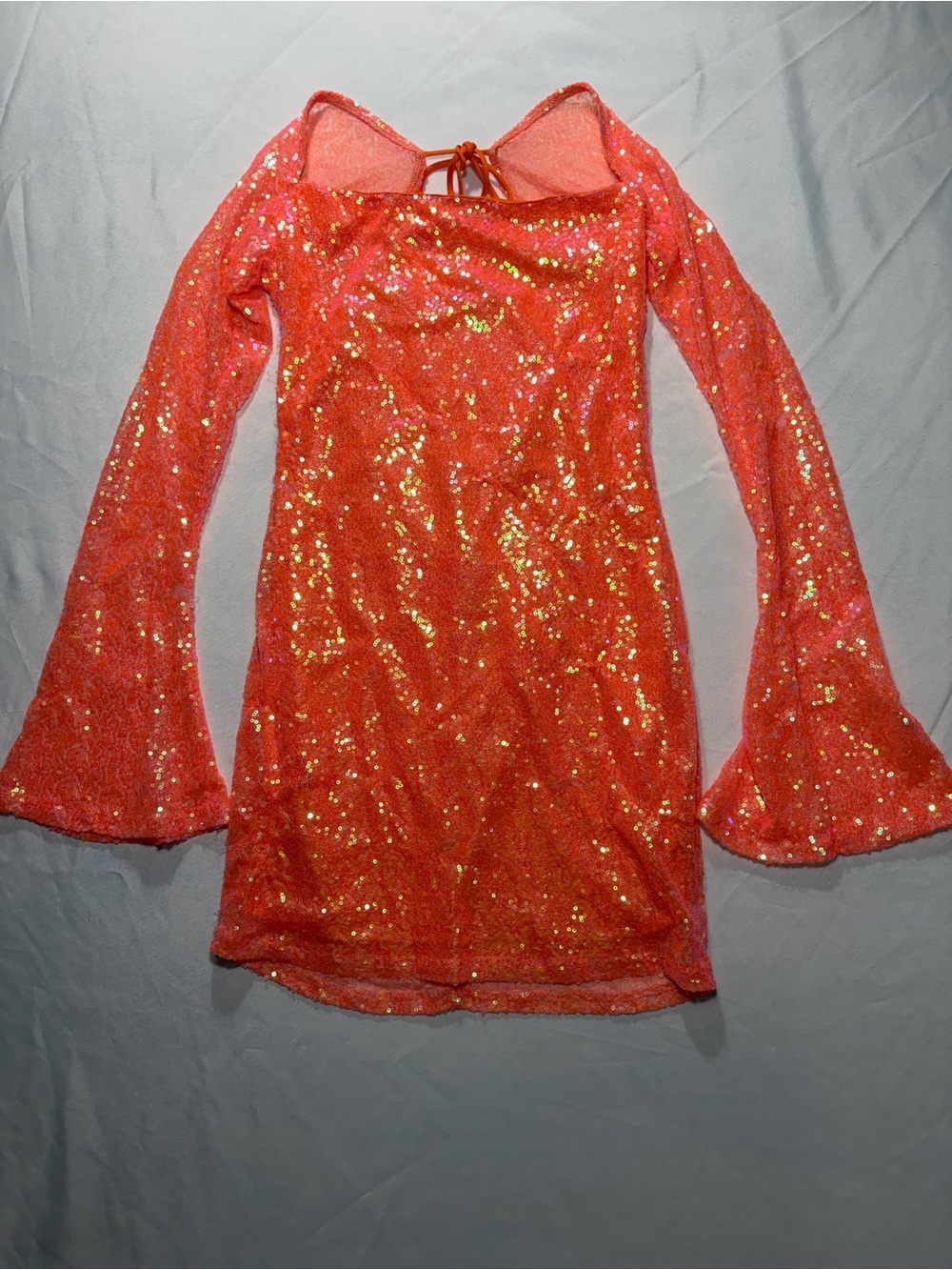 Lucy in the Sky Orange Sequin Mini Homecoming Dress with Bell Sleeves
